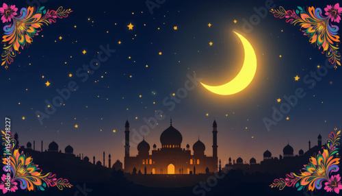 Moonlit Mosque with Floral Frame