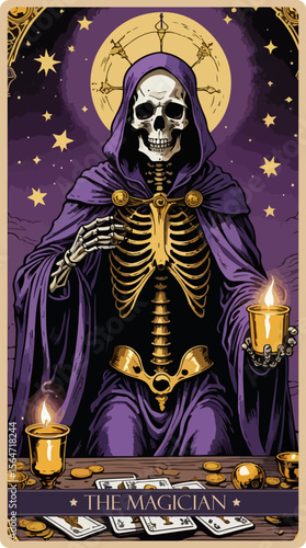 A watercolor skeleton Tarot card 'The Magician'. Major arcana set part . Vector hand drawn engraved style. Occult and alchemy symbolism.