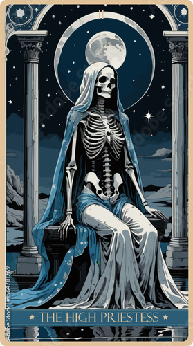 A watercolor skeleton Tarot card 'The High Priestess'. Major arcana set part . Vector hand drawn engraved style. Occult and alchemy symbolism.