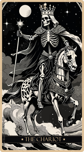 A watercolor skeleton Tarot card 'The Chariot'. Major arcana set part . Vector hand drawn engraved style. Occult and alchemy symbolism.