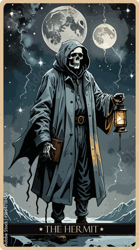 A watercolor skeleton Tarot card 'The Hermit'. Major arcana set part . Vector hand drawn engraved style. Occult and alchemy symbolism.