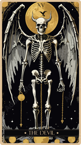 A watercolor skeleton Tarot card 'The Devil'.Major arcana set part . Vector hand drawn engraved style. Occult and alchemy symbolism.