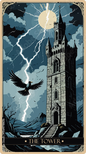 A watercolor skeleton Tarot card 'The Tower'. Major arcana set part . Vector hand drawn engraved style. Occult and alchemy symbolism.