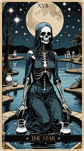 A watercolor skeleton Tarot card 'The Star'.Major arcana set part . Vector hand drawn engraved style. Occult and alchemy symbolism.
