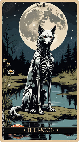 A watercolor skeleton Tarot card 'The Moon'. Major arcana set part . Vector hand drawn engraved style. Occult and alchemy symbolism.