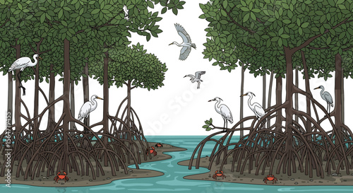 Peaceful Mangrove Habitat White Egrets Roaming and Crabs Crawling