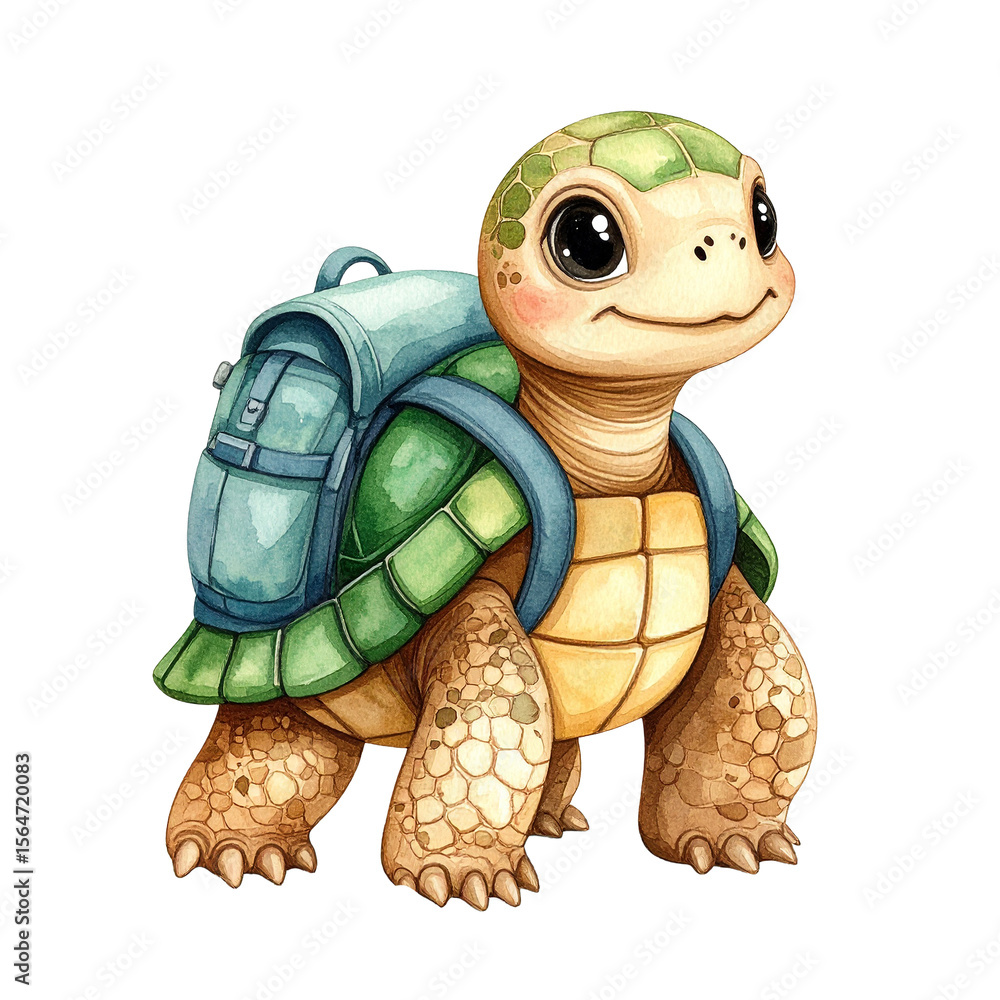Fototapeta premium Adventurous Turtle with Backpack: A cute cartoon turtle, carrying a small backpack, sets off on an adventure. Its adorable expression and vibrant colors make it perfect for children's books, websites.