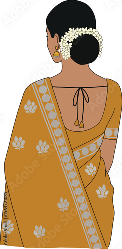Indian woman gracefully adorned in a saree, showcasing elegance and cultural richness with her traditional attire and beautiful flowers.