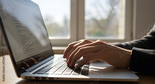 Typing on laptop closeup, chatting in Facebook, meeting website. Blogger, journalist writing new article.