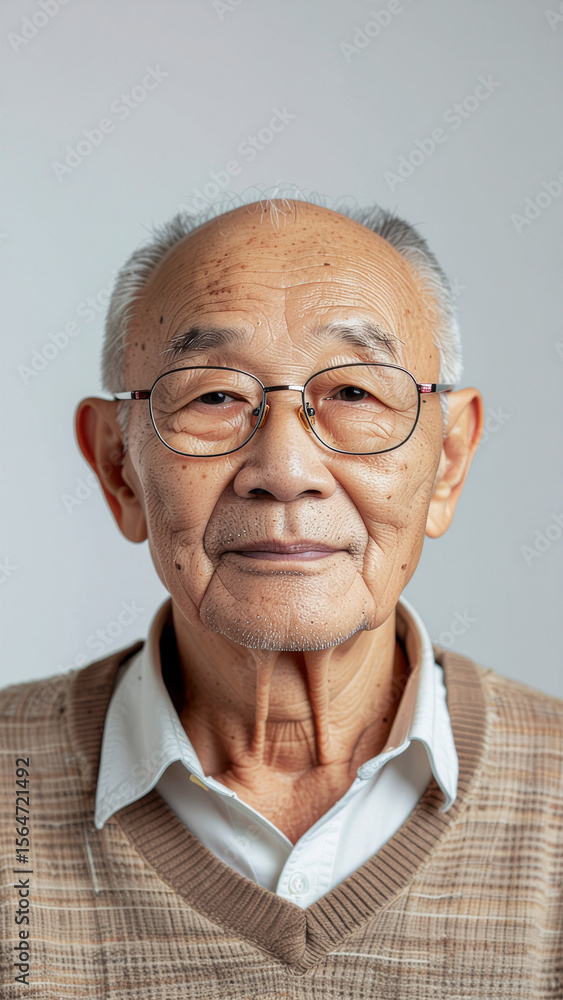 Obraz premium Studio portrait of elderly East Asian man with glasses, neutral background, natural skin detail