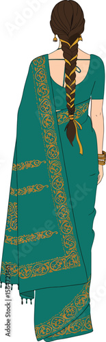 Woman in elegant Indian saree displays traditional fashion, gold details and braided hair from behind.