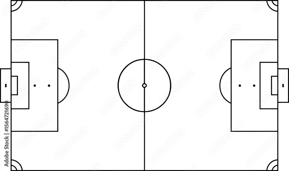 Simple black and white outline of a soccer field with center circle and goal boxes silhouette Simple black and white outline of a soccer field with center circle and goal boxes silhouette