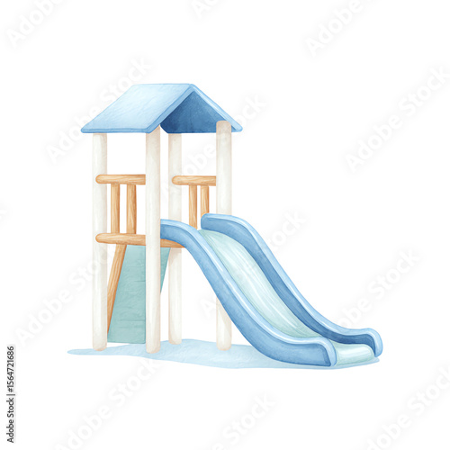 Whimsical Watercolor Playground Slide, Blue and White, Fun for Kids