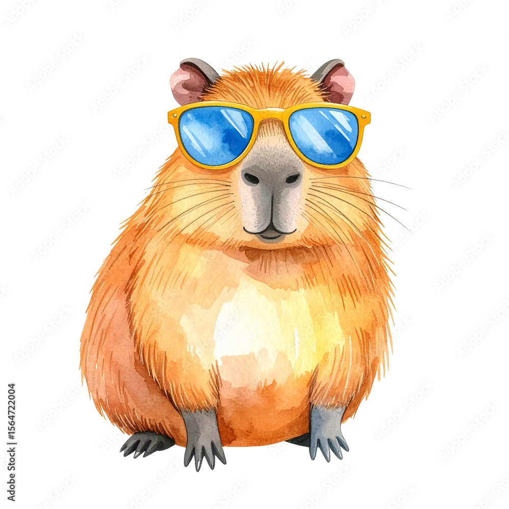 Fototapeta premium Capybara in Sunglasses: A charming watercolor painting of a capybara wearing stylish yellow-framed sunglasses, radiating a cheerful and summery vibe.