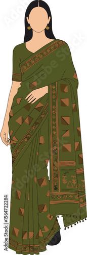 Elegant green sari illustration featuring geometric patterns, paired with traditional gold earrings for a refined, cultural aesthetic.