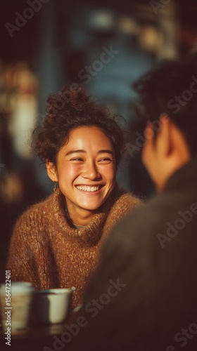Cheerful woman wearing sweater smiles widely during conversation in cozy cafe setting