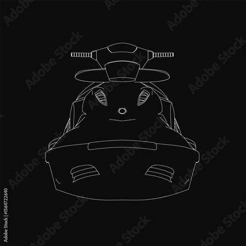 A sleek black and white jet ski drawing features crisp white outlines against a dark background, highlighting its dynamic shape and motion. The minimalist front-view design emphasizes clean curves.