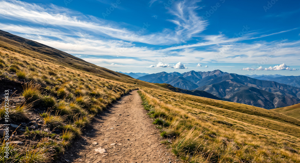 Fototapeta premium Winding mountain trail under vivid sky — hiking path across golden ridges.