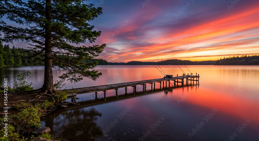 Fototapeta premium Vibrant lake sunrise with long dock and glowing clouds — peaceful start of day. At the end of the pier some fishing rods are placed waiting for a fish to bite. magnificent yellow-purple gradiented sky