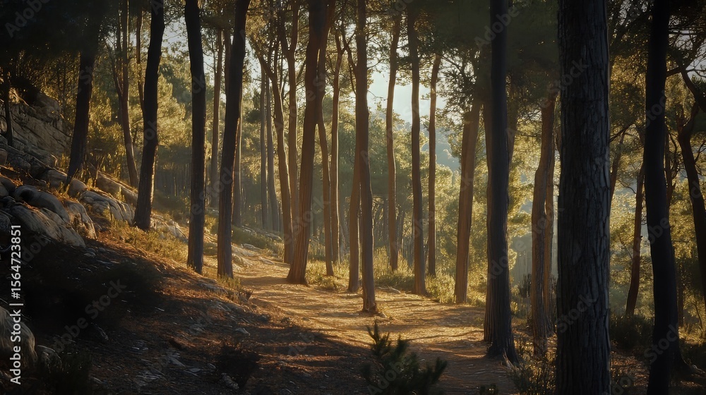 Obraz premium Beautiful pine forest in a national park with sunlight filtering through trees