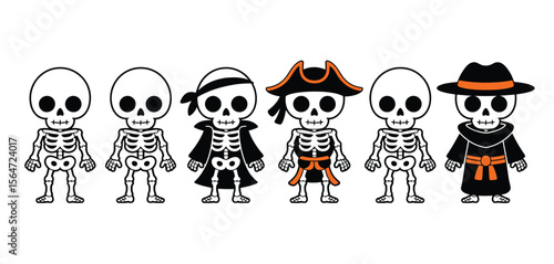 Cute Cartoon Skeletons in Halloween Costumes