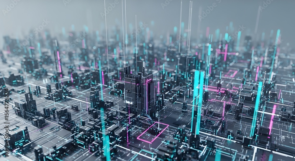 Fototapeta premium Futuristic city with glowing neon lines and tall structures