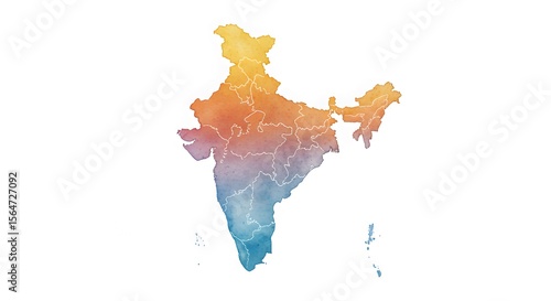 Watercolor India Map with State Borders and Gradient Color Scheme on White Background
