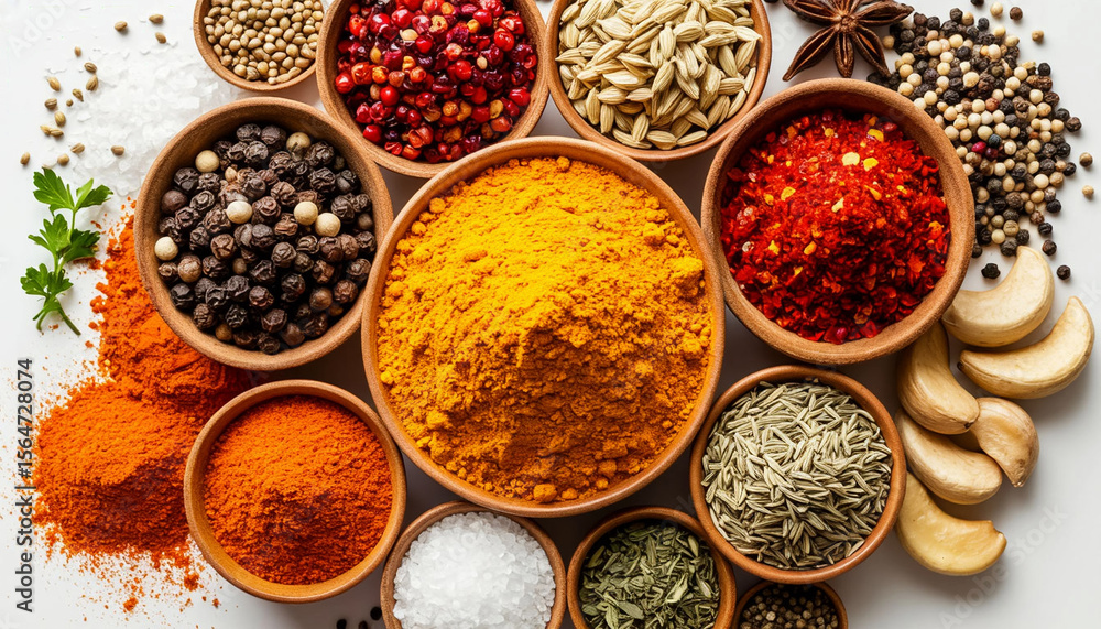 Fototapeta premium Asian or Indian spices set top view on white background