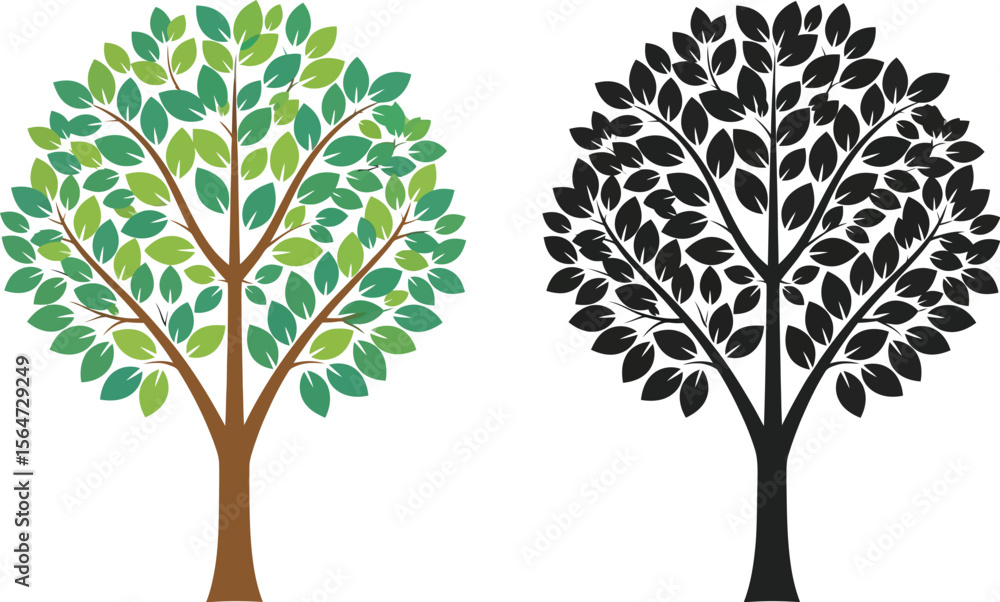 Fototapeta premium Two trees one in color with green leaves and one in black and white on a white background