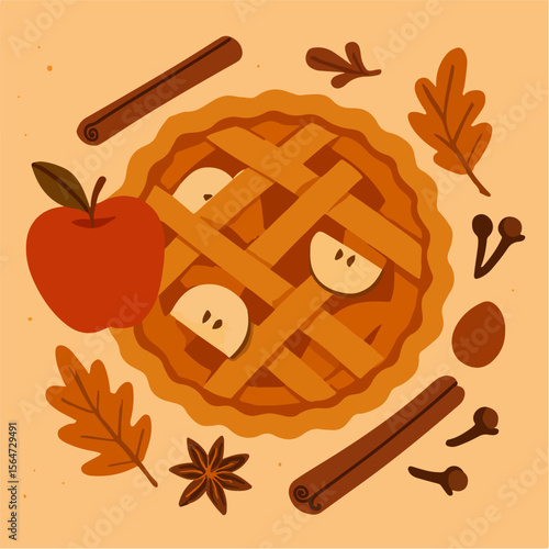 Autumn pie with spices and apple, cozy fall harvest