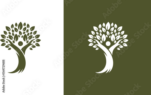 A logo design showcasing a stylized tree with human figure on white and olive green backgrounds