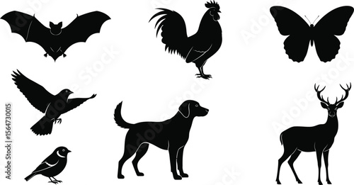 Silhouette vector image featuring a bat, rooster, butterfly, crow, bird, dog, and deer on white