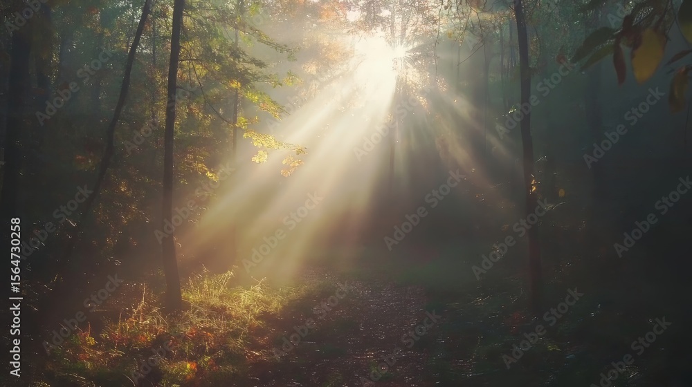 Beautiful sunlight with sunbeams in a foggy autumn forest Beautiful sunlight with sunbeams in a foggy autumn forest