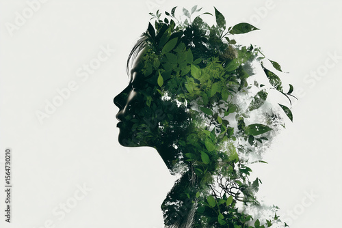 A double exposure of the silhouette of woman made from green leaves on a white background, with organic nature-inspired forms, in the style of naturecore