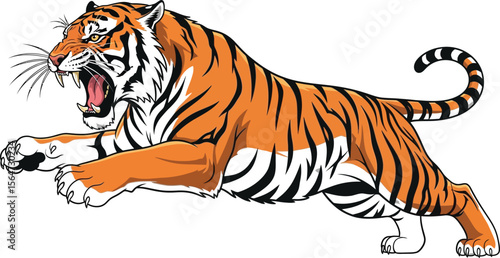 Illustration of a roaring tiger jumping forward with black stripes on orange fur and white background