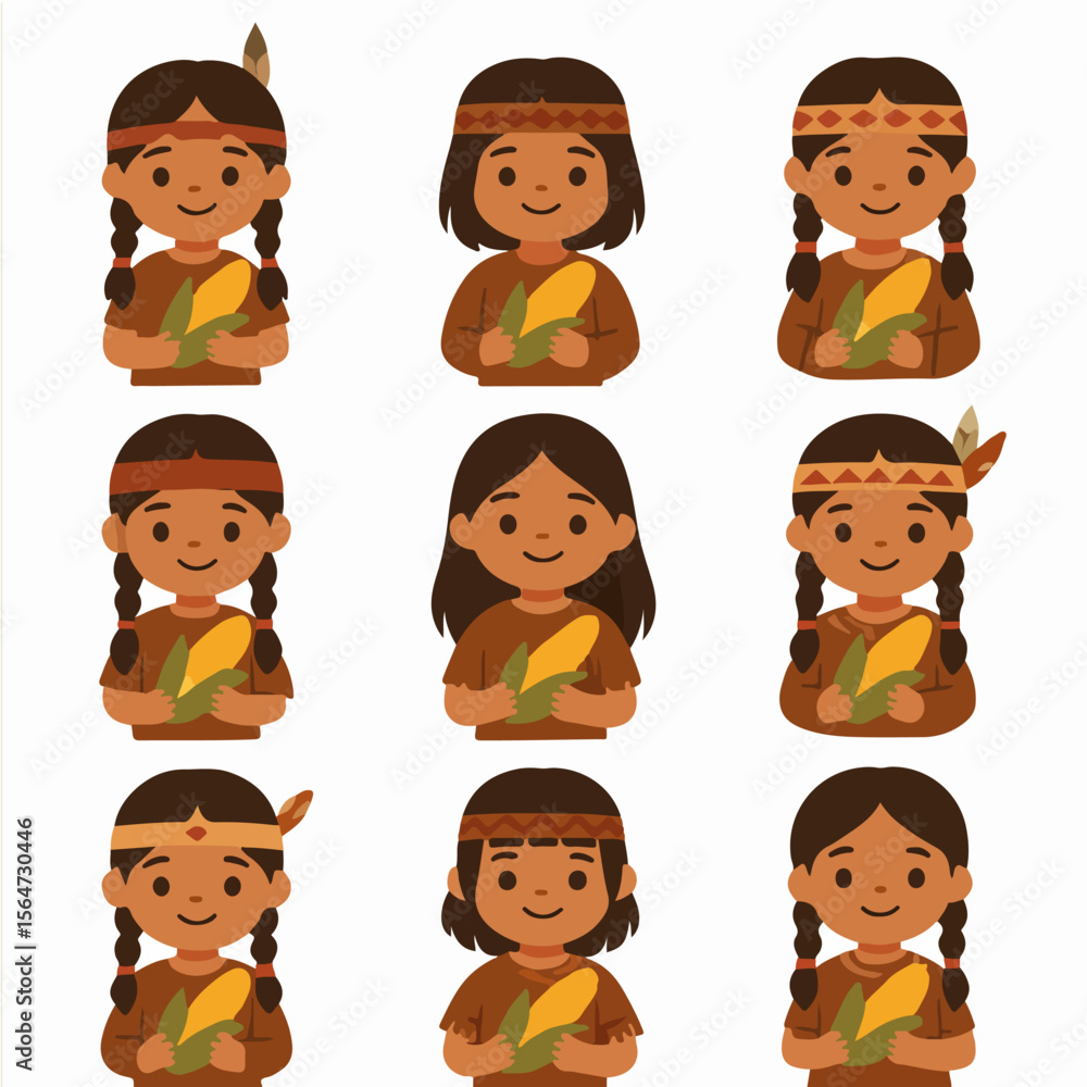 Native American children holding corn simple style Native American children holding corn simple style