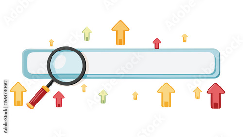 Magnifying glass over search bar with upward arrows indicating growth and searching online data
