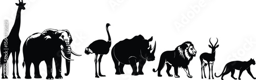 Silhouetted african animals standing in a row including a giraffe elephant and lion in black and white