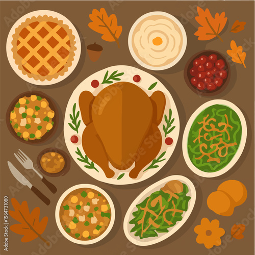 Thanksgiving feast flat lay autumn harvest dinner table