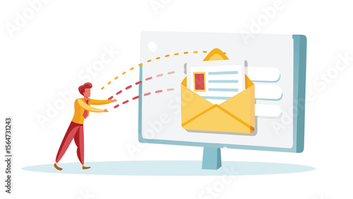 Illustration of a person sending an email via a computer screen with an envelope graphic shown