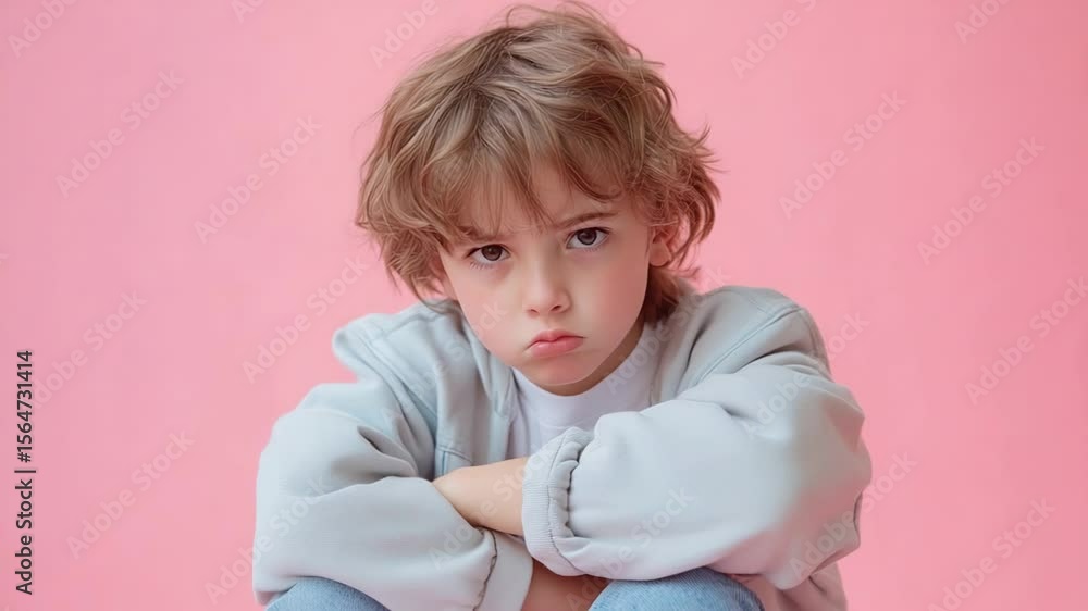 Pouting child with curly hair and light jacket against pink background Pouting child with curly hair and light jacket against pink background