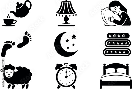 Collection of sleep and relaxation icons in a simple black silhouette style