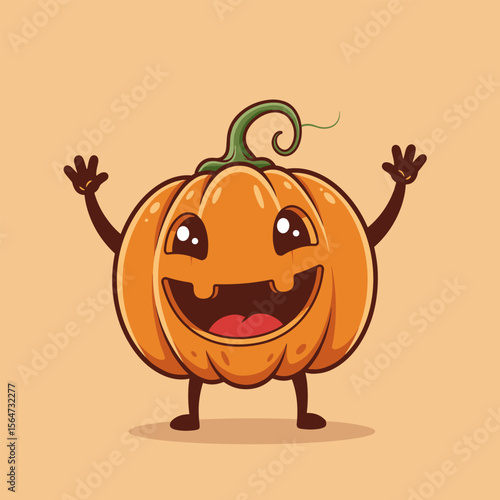 Cartoon-style line art of a cheerful pumpkin character with large shiny eyes, a wide smiling mouth, raised arms, and a curly green stem.
