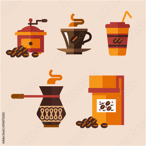 Modern Flat Style Coffee Vector Set – Bold Icons of Grinder, Espresso Cup, Turkish Pot, Takeaway Cup and Coffee Beans for Cafe Branding and Packaging