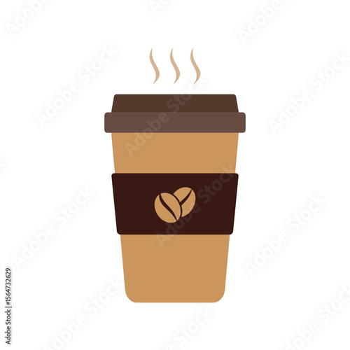 A steaming cup of coffee with a two coffee bean logo on the sleeve. Perfect for representing coffee shops, morning routines, or a caffeine pick-me-up on the go. 