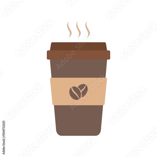 Flat vector of a hot takeaway coffee cup with steam, brown lid, and coffee bean logo on the sleeve. Ideal for cafe branding, food delivery, barista, breakfast, and coffee-related visuals.