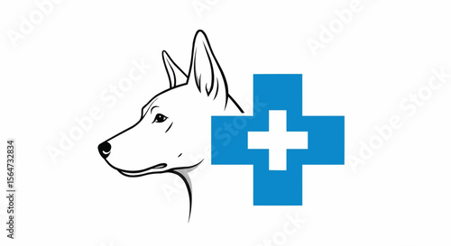 Dog head outline with a blue medical cross symbol indicating veterinary healthcare and animal wellness service
