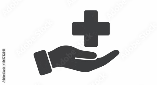 A stylized hand offering a medical plus sign symbol against a plain white background in a simple graphic