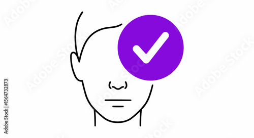 Outline of a human face with a purple circle and a white check mark overlaying the right side of the face