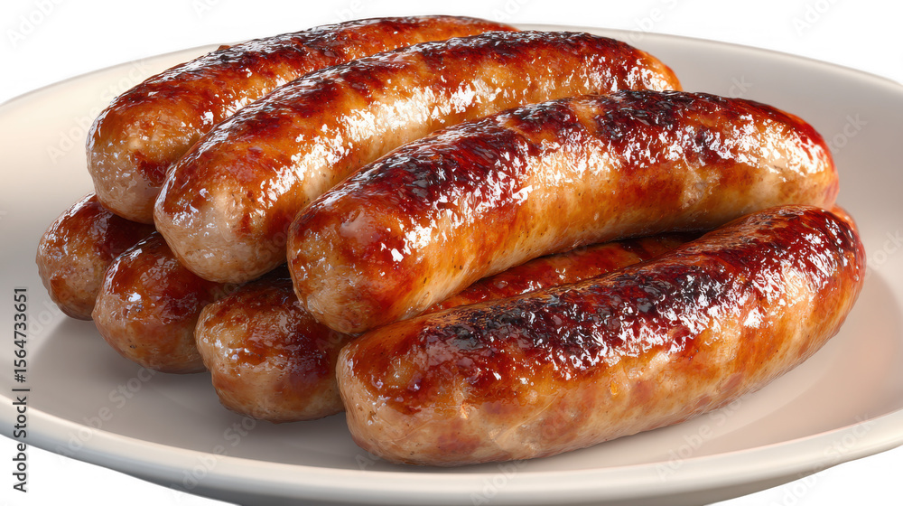 Grilled sausages piled on white plate on transparent background Grilled sausages piled on white plate on transparent background
